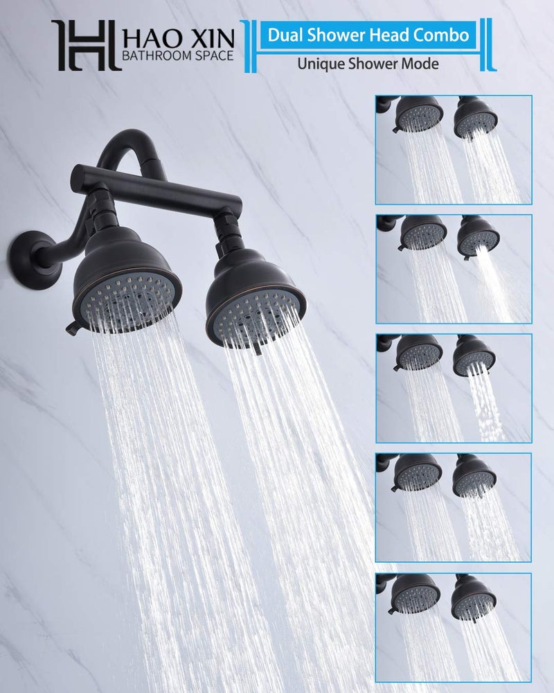 HAOXIN Double Shower Head with Shower Head Shut-Off Valve and Shower Arm,2 Shower Head High Pressure 5 Function Showerheads Sprayers,Oil Rubbed Bronze,STTZB01 - Image 2